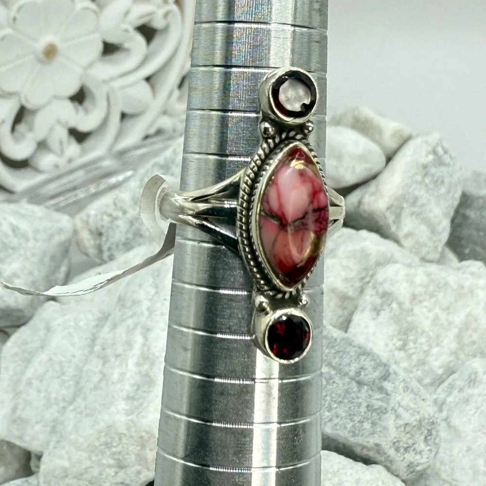 NWT Sterling Silver Red Dahlia Turquoise Garnet Ring Size 8 Boho Southwestern